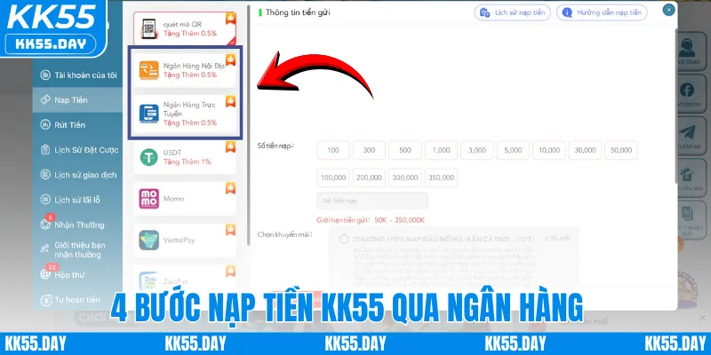 Nạp Tiền KK55 4 4 bước nạp tiền KK55 qua ngân hàng