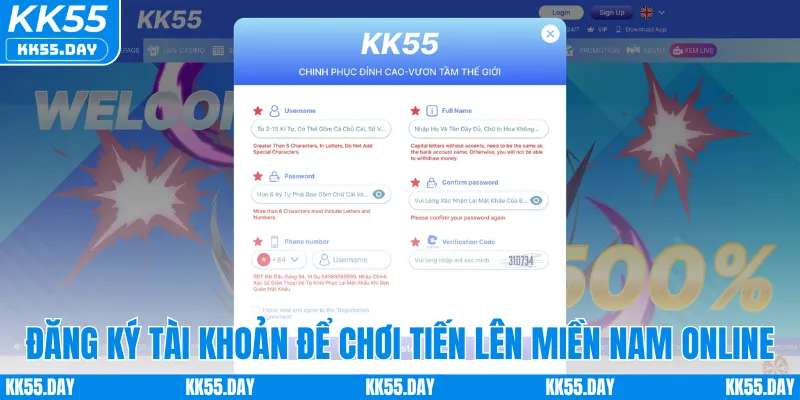 Tiến Lên Miền Nam Online: Game Bài Hấp Dẫn Số 1 Tại KK55 2 Đăng ký tài khoản KK55 để chơi tiến lên miền Nam online