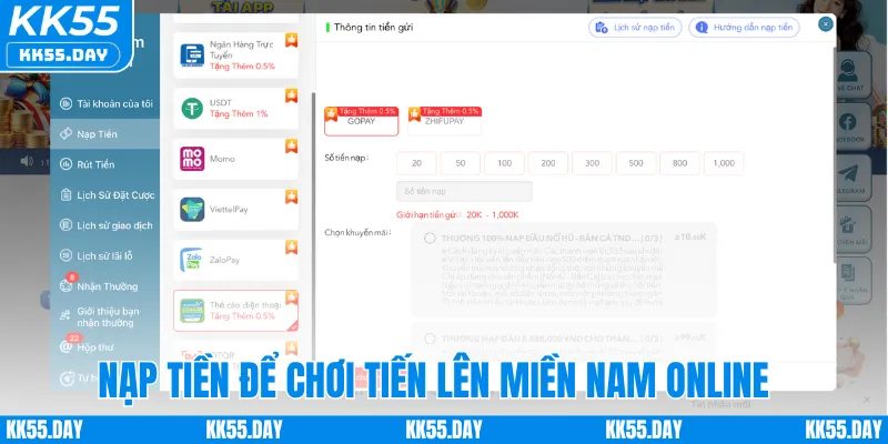 Tiến Lên Miền Nam Online: Game Bài Hấp Dẫn Số 1 Tại KK55 3 Nạp tiền để chơi tiến lên miền Nam online