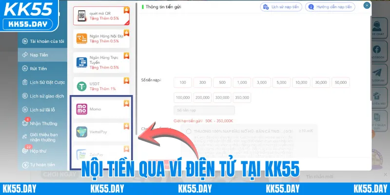 Nạp Tiền KK55 5 Nạp tiền qua ví điện tử tại KK55